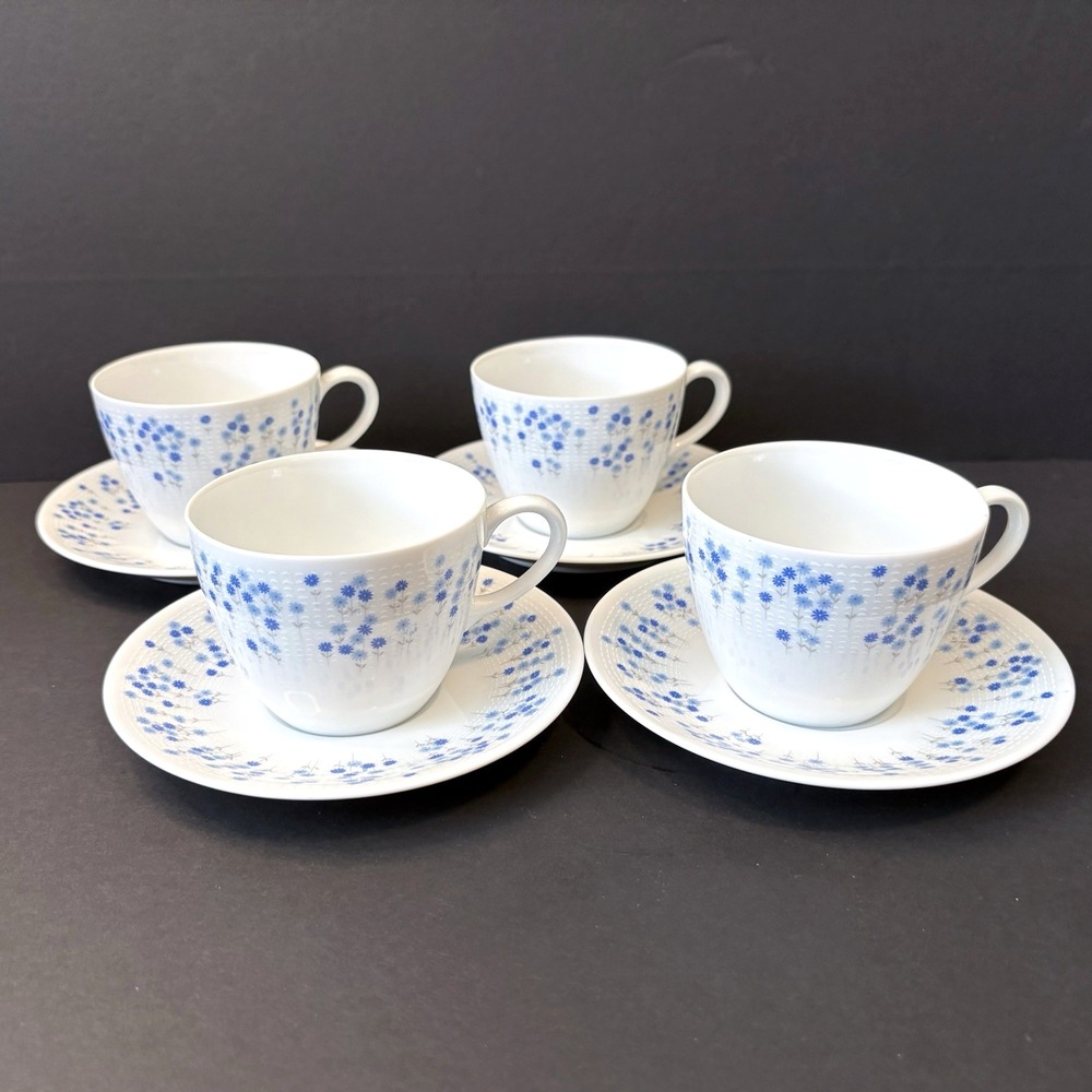 4 Sets Sheffield Rhapsody #503 Blue Floral Cups & Saucers MCM Japan